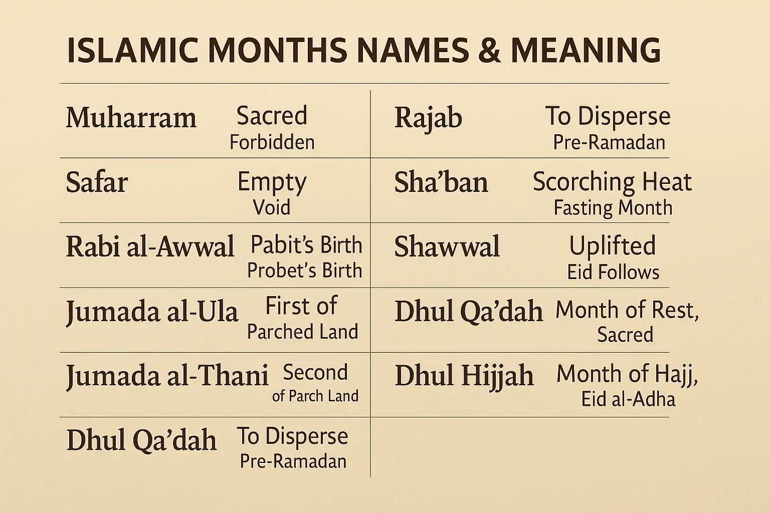 Islamic months names and meanings in English – Hijri calendar 2025 chart
